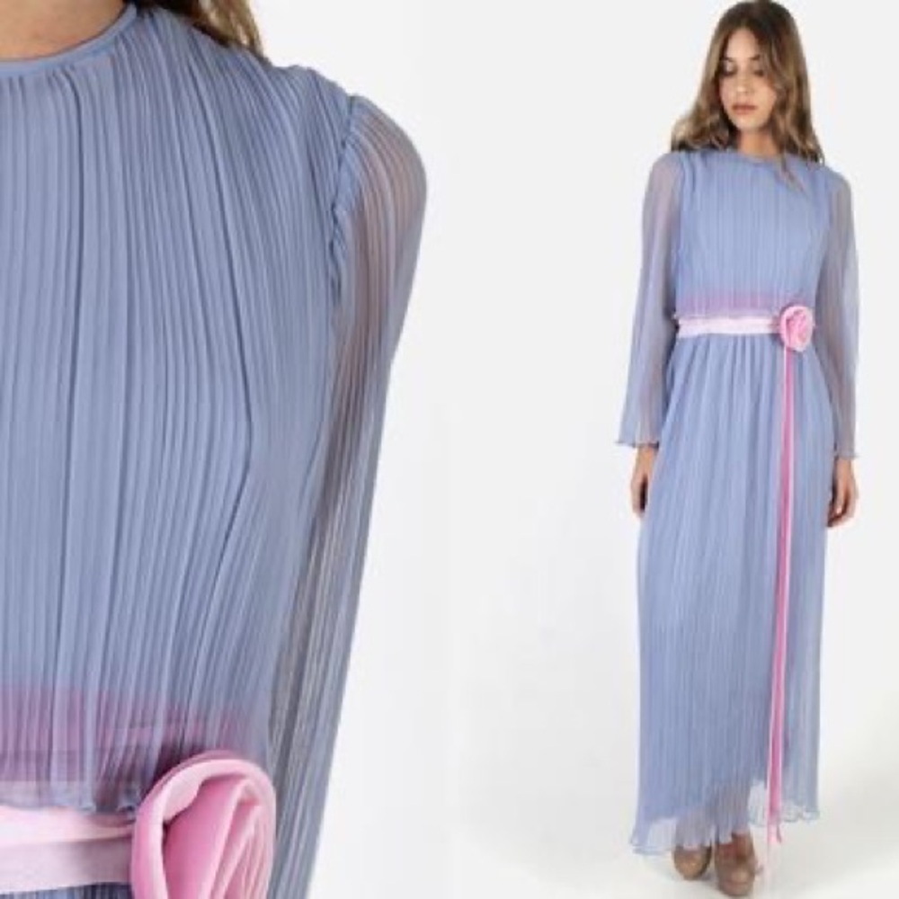 Vintage 70s Pink Chiffon Pleated Sheer Bell Sleeve Rosette Sash Size - S
